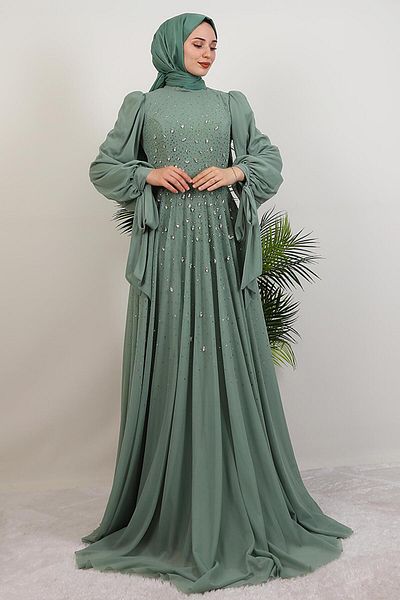 GİYZAMİLA Vildan Hijab Evening Dress Mint