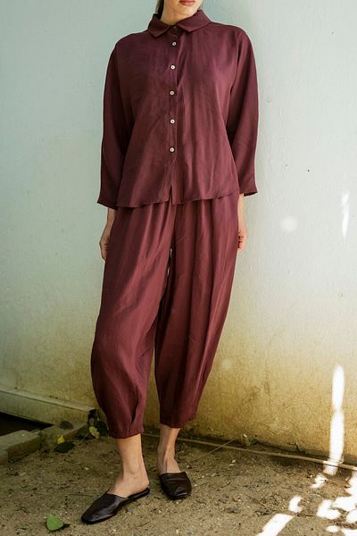 Suzi Women's Bordo Color Oversize Shirt Shalwar Pants Set 50957