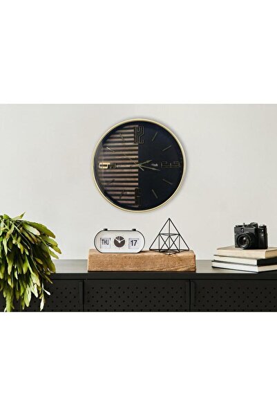 Mondecor Modern Gold Siyah Ahşap Detaylı Yuvarlak Duvar Saati 50 cm