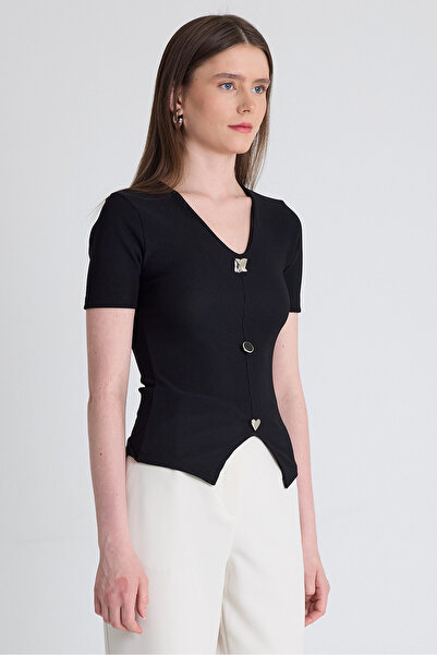 Rays Μαύρο μπλουζάκι με κοντό μανίκι με λαιμόκοψη V με λεπτομέρεια 9205M