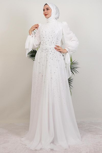GİYZAMİLA Vildan Hijab Evening Dress White