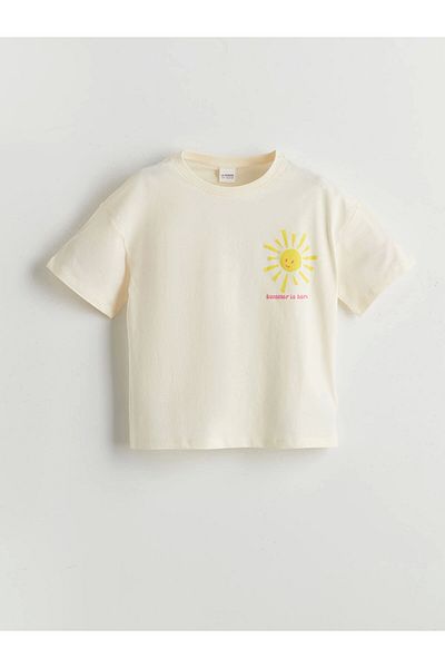 LC Waikiki Lcw Kids Ecru Crew Neck Girls' Sleepwear Set with Shorts