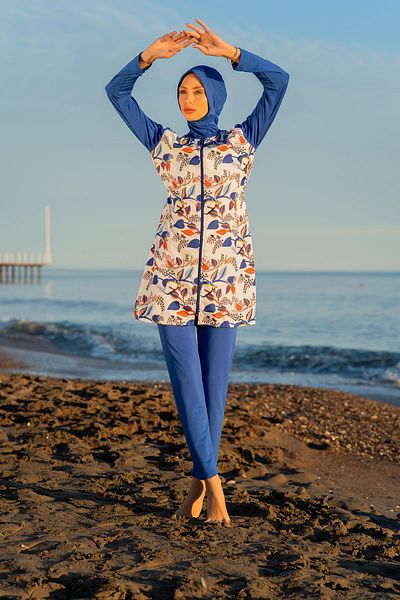 Ruko Maio Women's Parachute Fabric Zippered Sax Color Flower Pattern Full Hijab Swimsuit C1T5N4O2-7