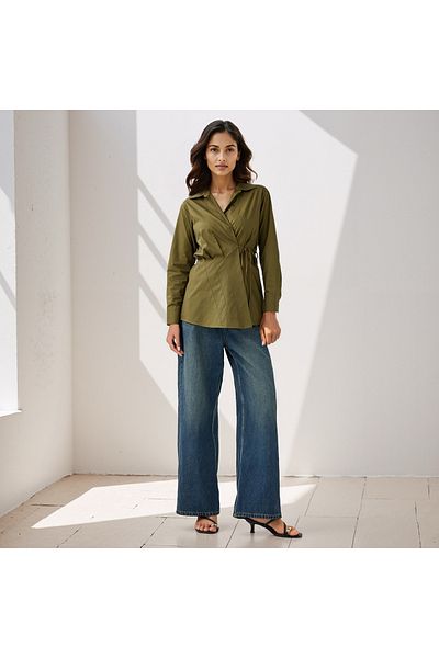 Iconic Iconic Poplin Wrap Top with Collar and Long Sleeves