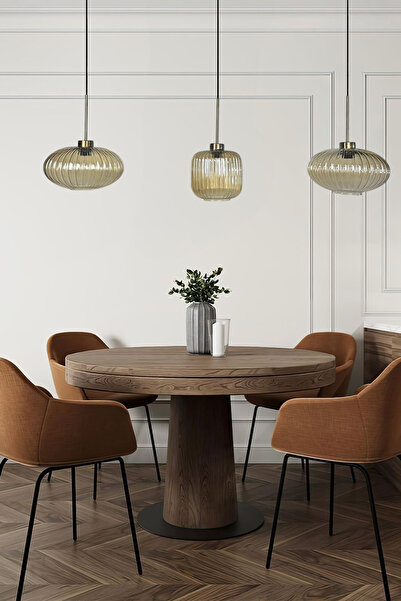 Bamyum Üçlü Lunex Cam Bal Rengi Avize İnce Eskitme Başlık Sarkıt Yemek Masası...