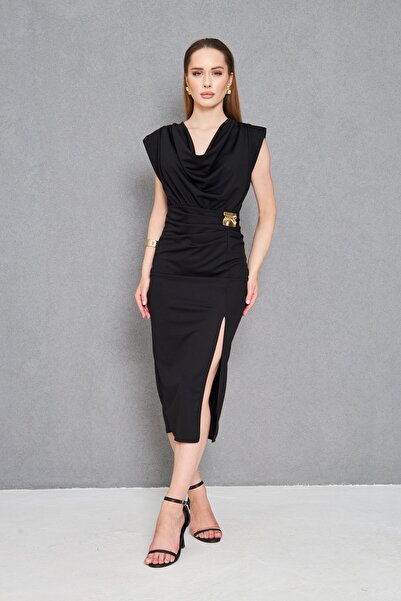 Secret Passion Lingerie Γυναικείο μαύρο κρεπ ύφασμα με σχισμή και αξεσουάρ Λεπτομέρεια Degaje γιακά Draped Midi βραδινό φόρεμα 77130