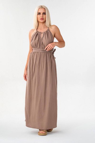 Fashion Showcase Muslin Summer Dress Knitted Detail 100% Cotton Natural Fabric Mink