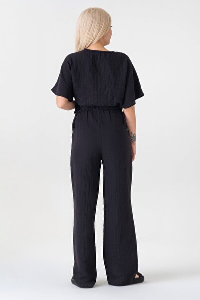 Fashion Showcase Muslin 100% Natural Fabric V-Neck Adjustable Waist Crop Black