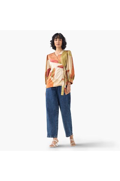 Iconic Iconic Printed V-neck Wrap Top with Long Sleeves and Tie-Up Detail