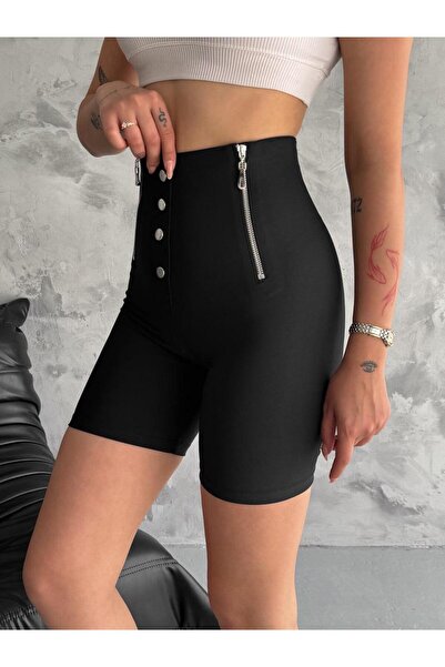 lzv Kadın Siyah Yüksek Bel Premium Dalgıç Kumaş Düğmeli Fermuar Detaylı Şort Tayt