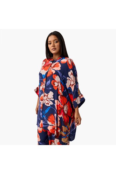 Ulla Popken Plus Size Ulla Popken All-Over Floral Print Top with 3/4 Sleeves