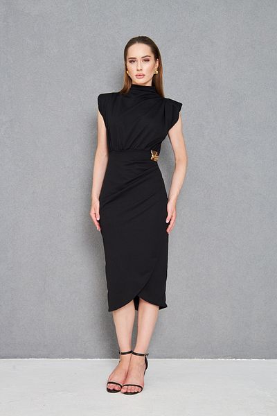 Secret Passion Lingerie Women's Black Crepe Fabric Stand Collar Accessory Detailed Draped Midi Dress 4409