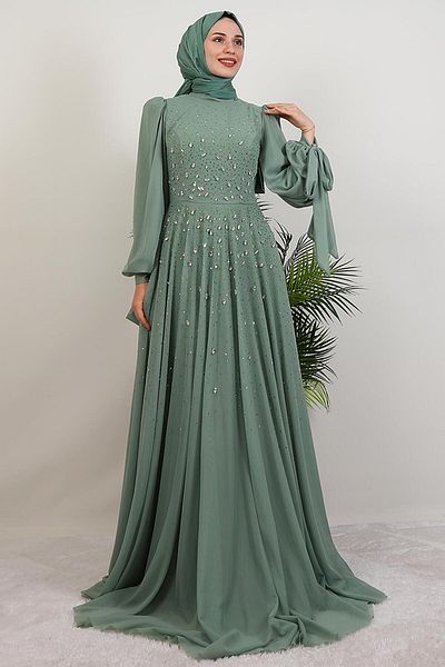 GİYZAMİLA Vildan Hijab Evening Dress Mint