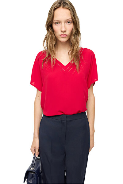 Perspective Red Amethyst Comfortable Fit V-Neck Blouse