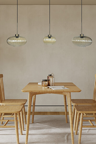 Bamyum Üçlü Lunex Cam Bal Rengi Avize İnce Eskitme Başlık Sarkıt Yemek Masası Üstü Iç Mekan Cafe Otel