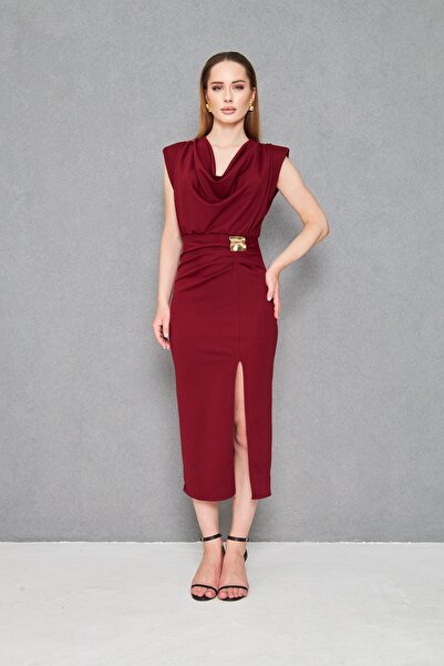 vuvutasarım Women's Burgundy Crepe Fabric Slit and Accessories Design Degaje Collar Draped Midi Dress 77130
