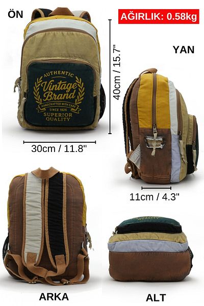 Cappadocia Vintage 4034 Patara Green Cream Back School Travel 15.6 Inch Laptop Daily Notebook Soft Cotton Fabric Bag