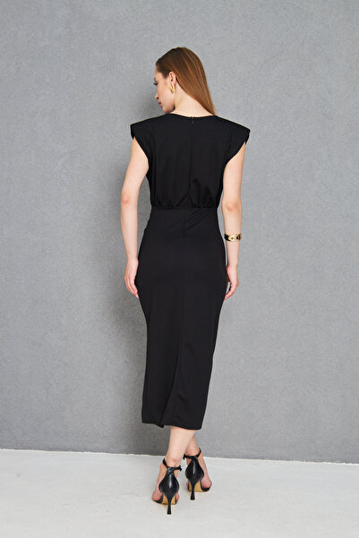 vuvutasarım Women's Black Crepe Fabric Slit and Accessories Design Degaje Collar Draped Midi Dress 77130