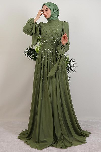 GİYZAMİLA Vildan Hijab Evening Dress Soft Green