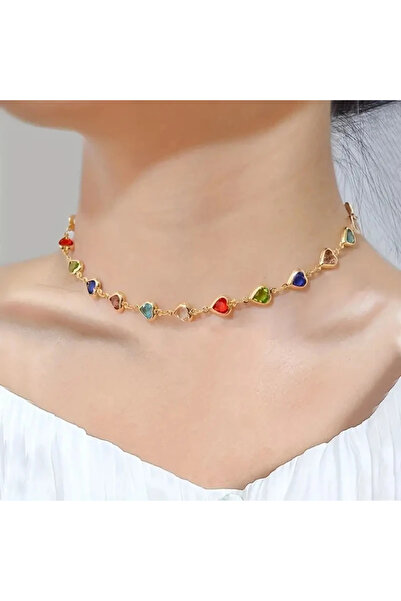 CAXBERN Gold Renkli Zirkon Kalp Choker Kolye