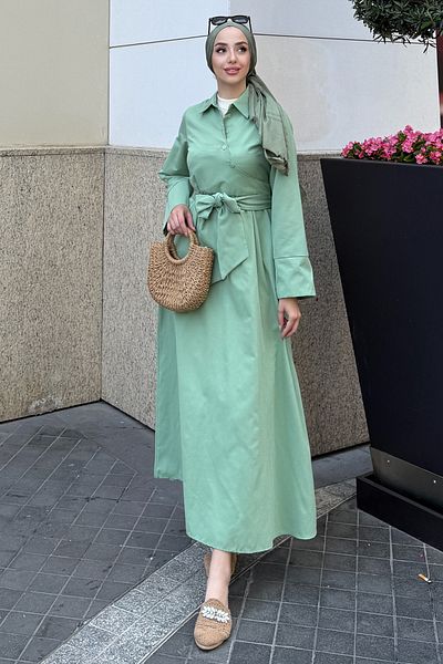Tesettür Diyarı Women's Spanish Sleeve Tie Detail Dress - Turquoise