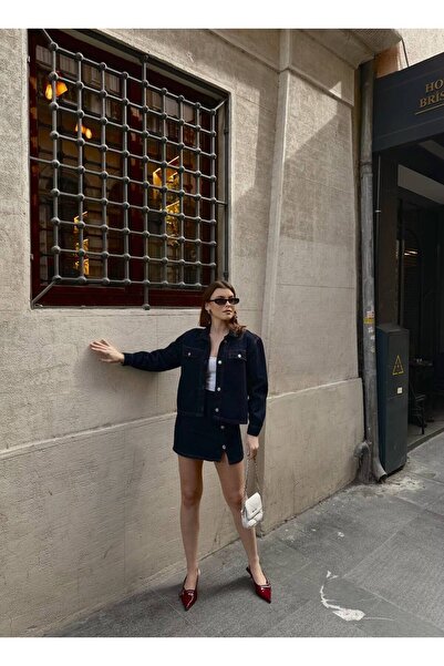 ZF BUTİK Navy Blue Jacket Skirt Denim Suit