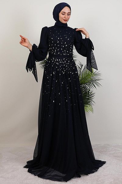 GİYZAMİLA Vildan Hijab Evening Dress Navy Blue