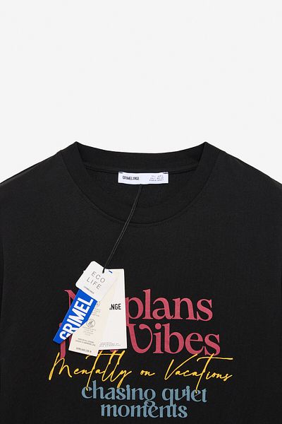 GRIMELANGE Fresh Men's 100% Cotton Oversize Fit Printed Short Sleeve Round Neck Black T-Shirt