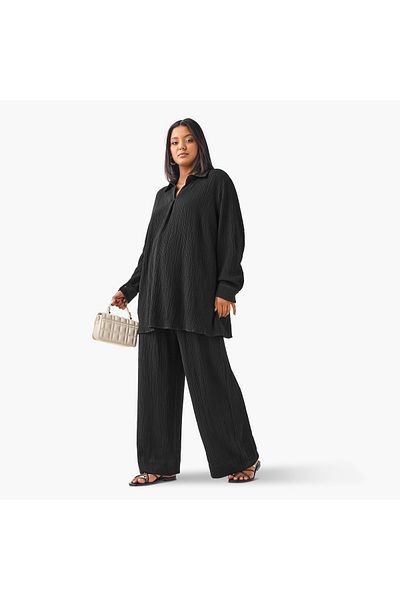 Ulla Popken Plus Size Ulla Popken Regular Fit Textured Shirt with Long Sleeves
