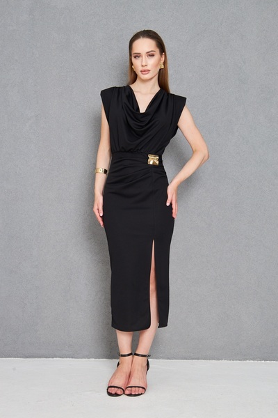 vuvutasarım Women's Black Crepe Fabric Slit and Accessories Design Degaje Collar Draped Midi Dress 77130