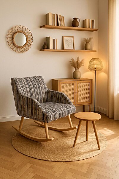 WEBPANYA Sallanan Ahşap Ayaklı Bohem Tarz Dokuma Kumaş Berjer Koltuk - Zigon Sehpa Hediyeli