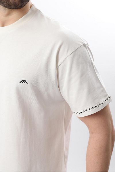 Madmext Ecru Embroidery Detailed Men's T-Shirt E7112