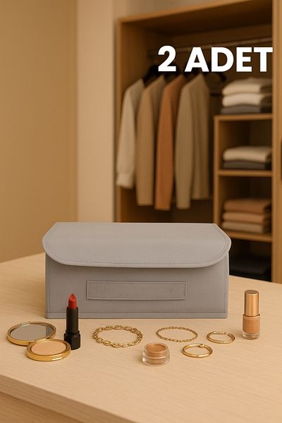 ON-ARS TEKSTİL 2 Pieces Gray Covered Cabinet Drawer Jewelry Laundry Folding Storage Box 30X23X11 cm