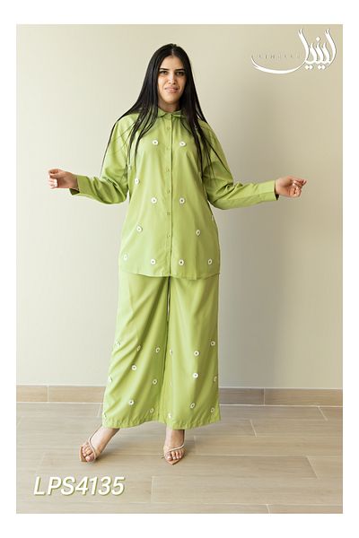 LINELLE Ladies Co-ord Pant Set- Shirt and Pant with Long Sleeves and Scattered Floral Embroidery.