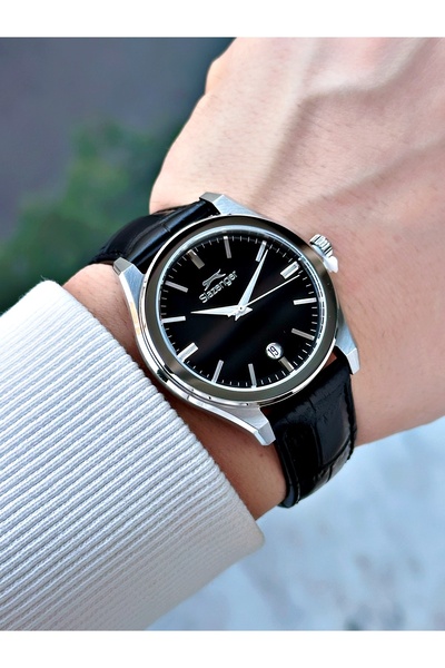 Slazenger Special Design Leather Band with Calendar Black-Silver Color Men's Wrist Watch with 24 Months Guarantee 2486.01
