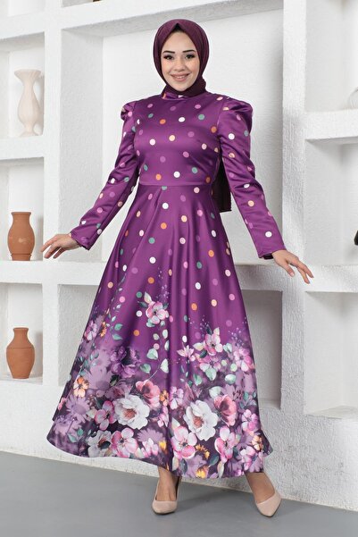 Missvalle Βραδινό φόρεμα με λουλούδια πουά σατέν δαμασκηνί MSW12251