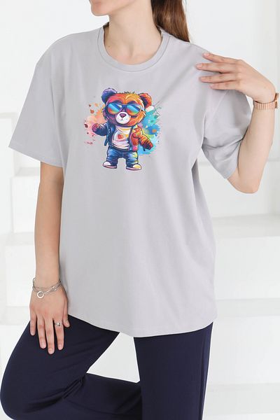TOFİSA Printed Short Sleeve T-Shirt Gray - 27349
