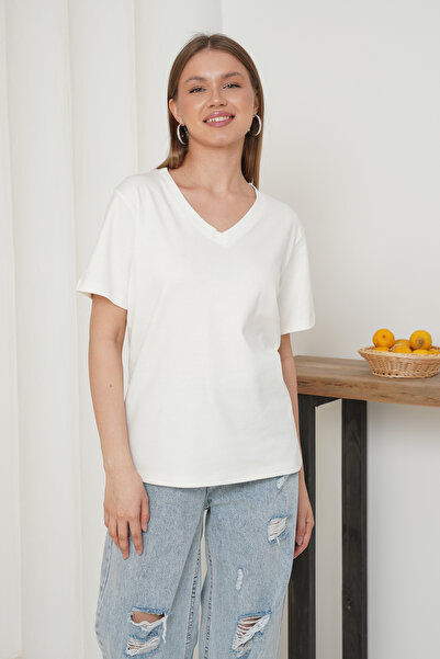 Ay Moda Collection 100% Cotton Interlock Fabric Regular Fit V-Neck Women's T-Shirt