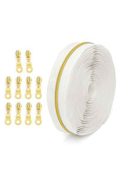 Choice 3# Golden tooth One roll (4.5 meters/5 yards) nylon zipper, with 10 golden zipper heads, #3 white cl