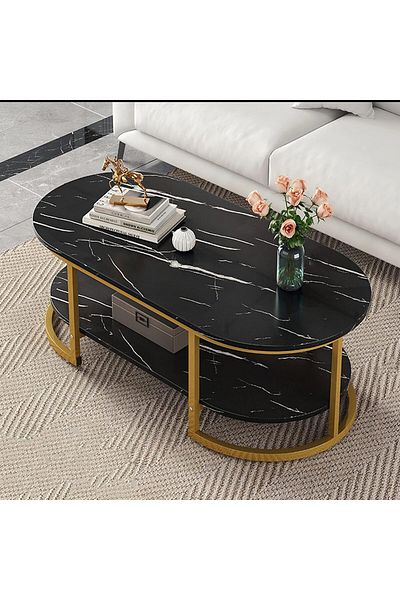 Generic Oval Coffee Table With Gold Metal Frame - Modern Living Room Center Table for Small Apartments, Bedr