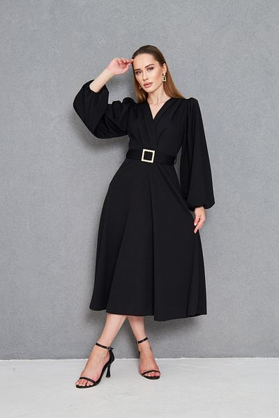 vuvutasarım Stylish Stone Design Belted Long Balloon Sleeve Detailed Double Breasted Collar Black Midi Dress 77132