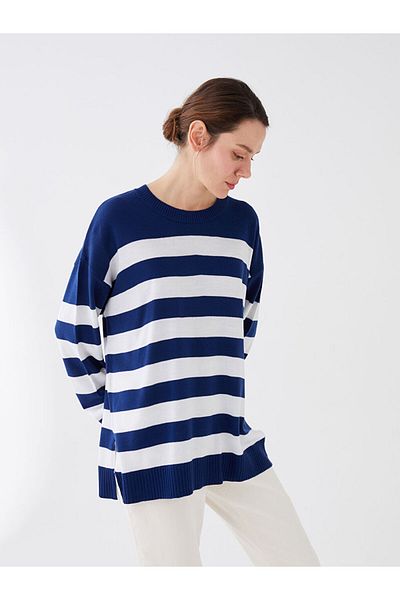 LC Waikiki Lcw Crew Neck Striped Long Sleeve Oversize Women's Knitwear Sweater Fast Fashion