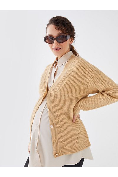 LC Waikiki Lcw V-Neck Solid Long Sleeve Maternity Knitwear Cardigan Fast Fashion