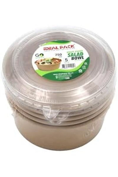 Ideal Pack Kraft Paper Salad Bowls with Lids – 5 PCS Eco-Friendly Disposable Salad Containers – Leak-Proof,