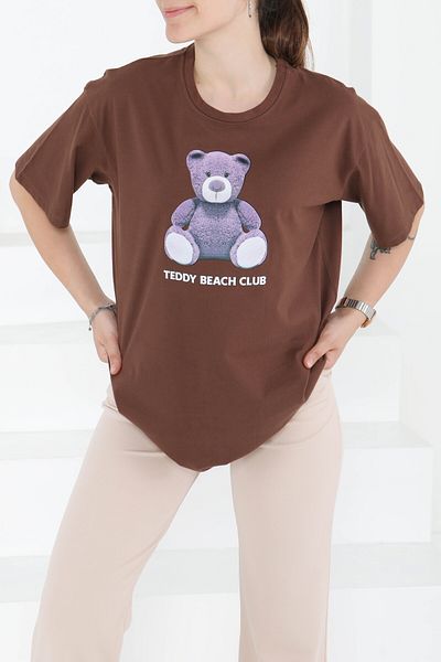 TOFİSA Printed Short Sleeve T-Shirt Brown - 27347