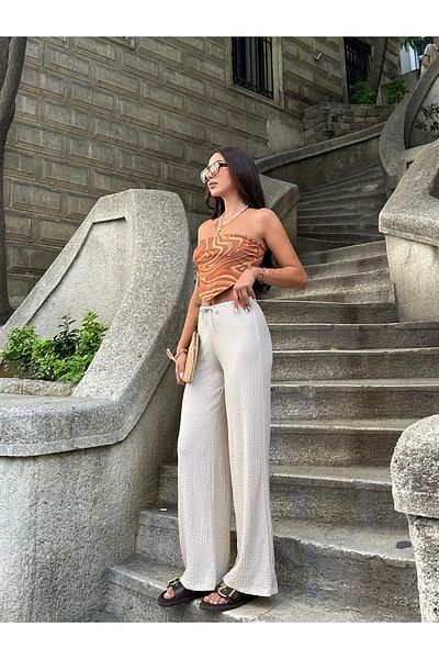 FEWTİNT Elastic Waisted Seersucker Casual Trousers with Lace Detail