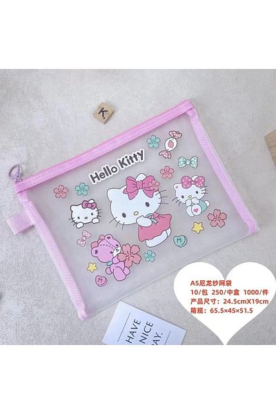 Miniso Hello Kitty Sanrio Mesh Pen Bag Kuromi Cinnamoroll Cartoon Student Waterproof Storage Bag Translucen