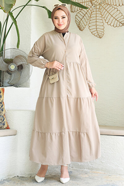 TOFİSA Büzgülü Pat Detaylı Elbise Vizon - 27293