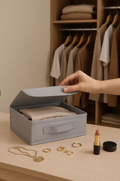 ON-ARS TEKSTİL 2 Pieces Gray Covered Cabinet Drawer Jewelry Laundry Folding Storage Box 30X23X11 cm