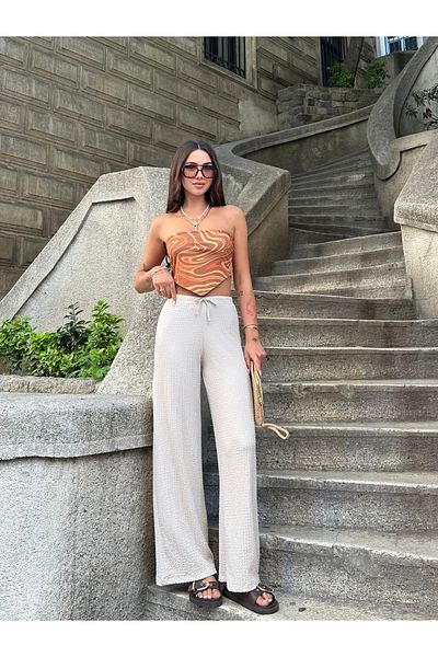 FEWTİNT Elastic Waisted Seersucker Casual Trousers with Lace Detail